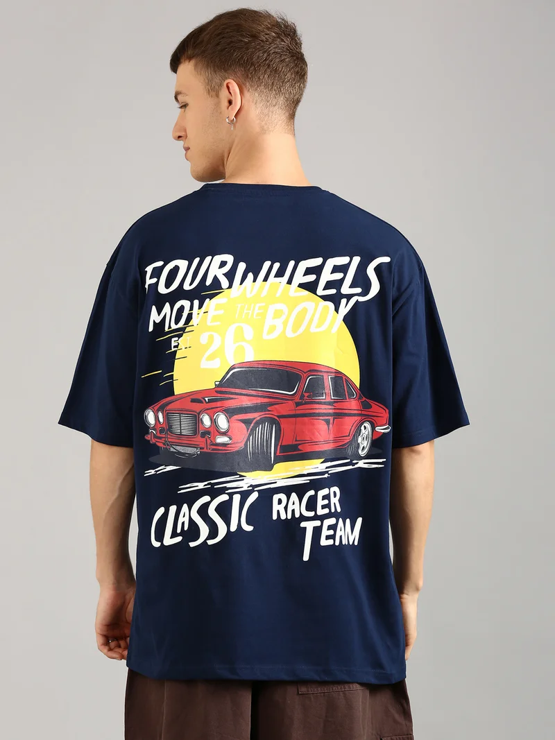 Joven Men Navy Blue Printed Pure Cotton Oversized T-Shirt