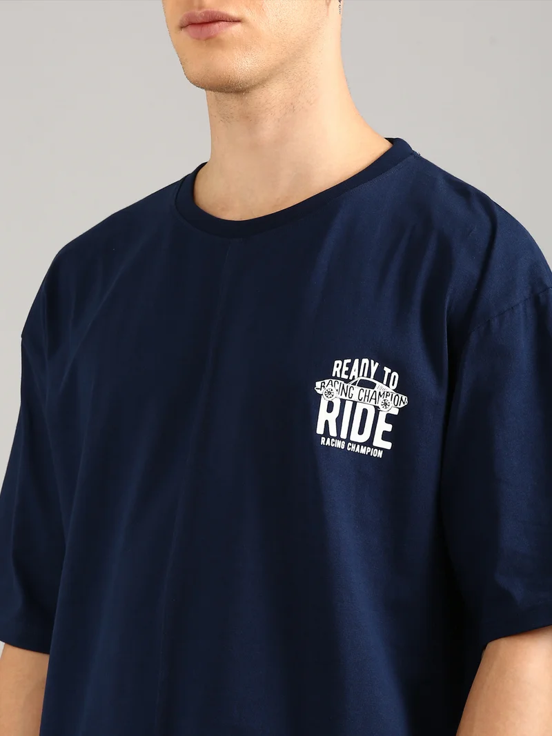 Joven Men Navy Blue Printed Pure Cotton Oversized T-Shirt