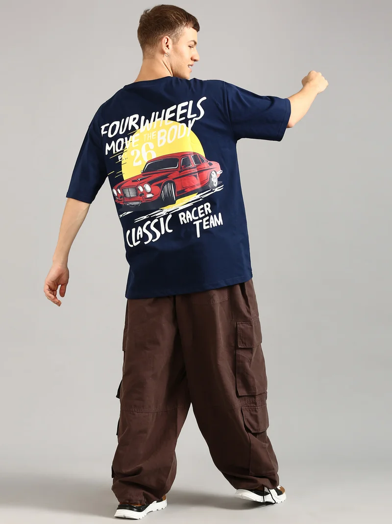 Joven Men Navy Blue Printed Pure Cotton Oversized T-Shirt