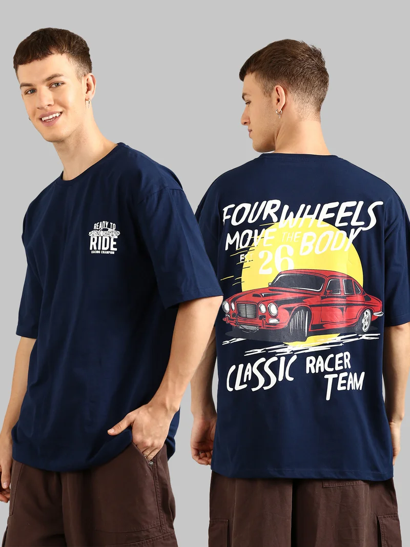 جوفن تيشيرت رجالي قطن مطبوع مقاس كبير أزرق داكن