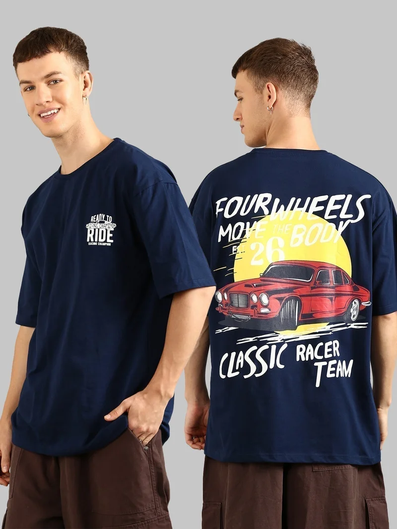 جوفن تيشيرت رجالي قطن مطبوع مقاس كبير أزرق داكن