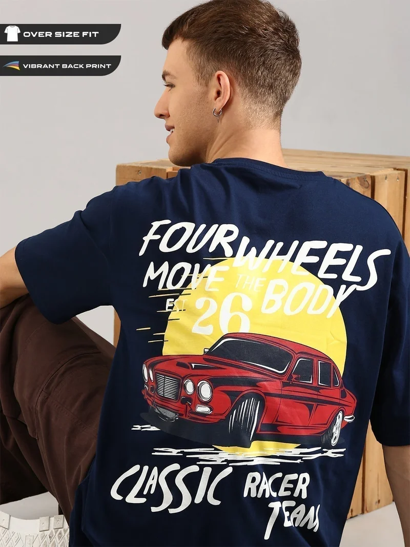 Joven Men Navy Blue Printed Pure Cotton Oversized T-Shirt