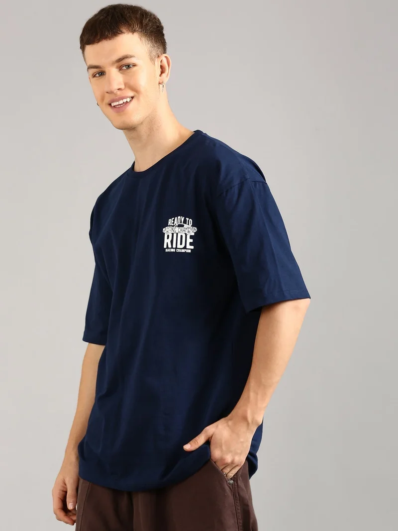 Joven Men Navy Blue Printed Pure Cotton Oversized T-Shirt