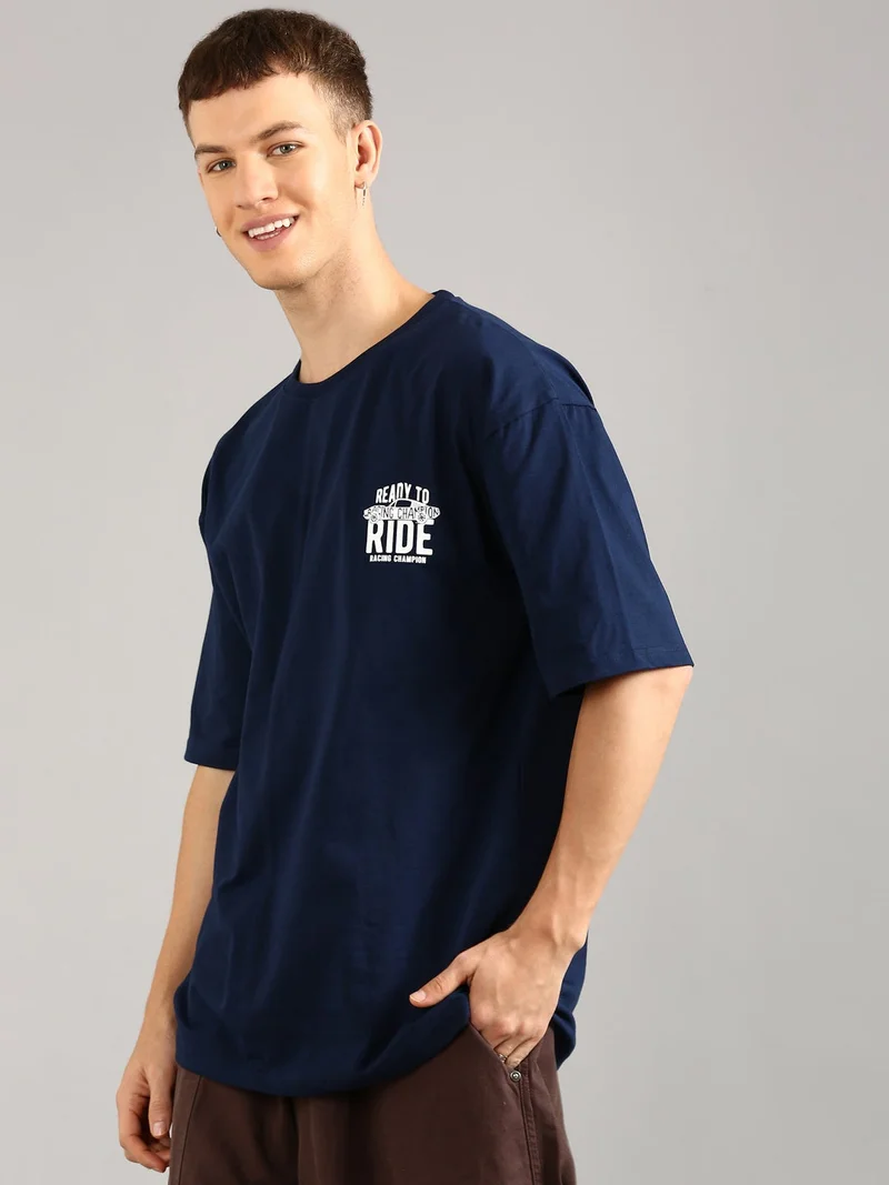 Joven Navy Blue Men Navy Blue Printed Pure Cotton Oversized T-Shirt for Men | Best Price UAE