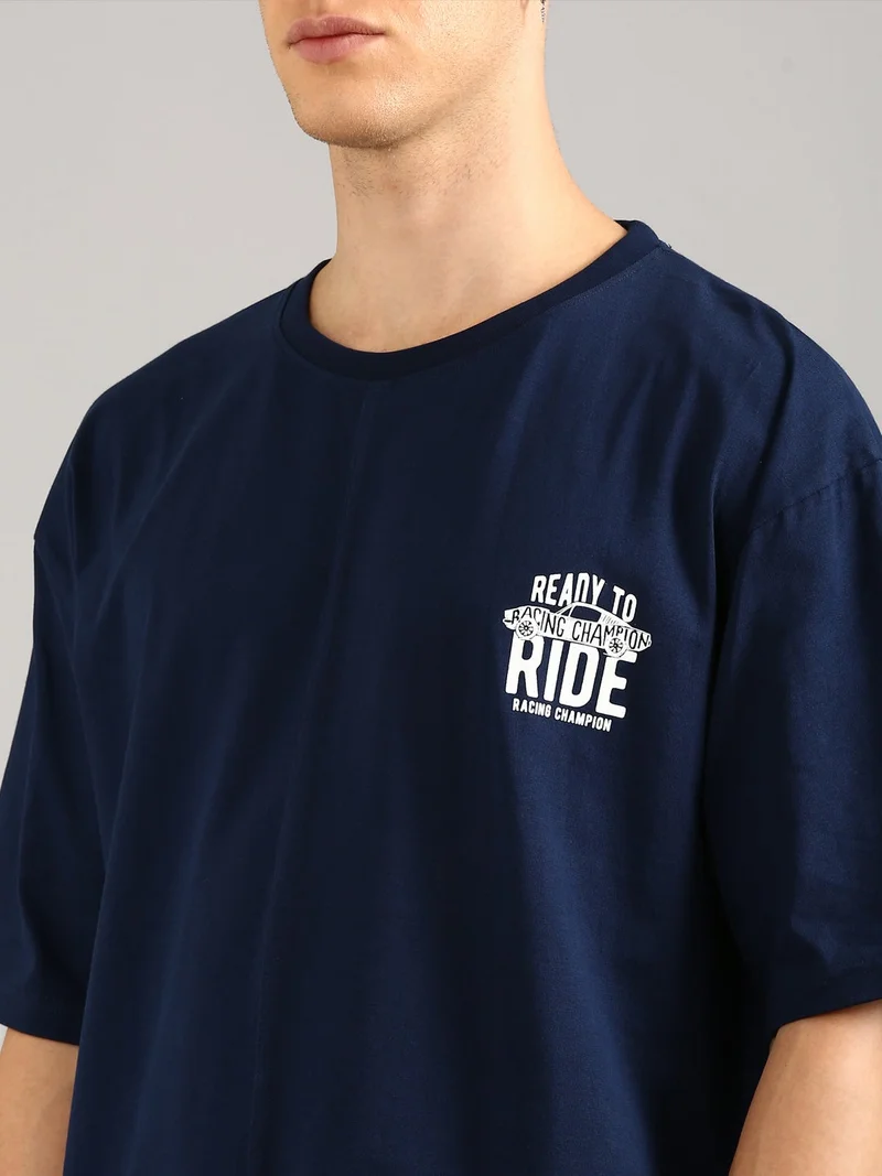 Joven Navy Blue Men Navy Blue Printed Pure Cotton Oversized T-Shirt for Men | Best Price UAE
