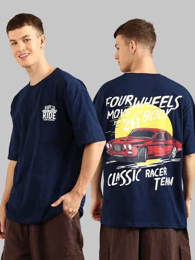 Joven Men Navy Blue Printed Pure Cotton Oversized T-Shirt