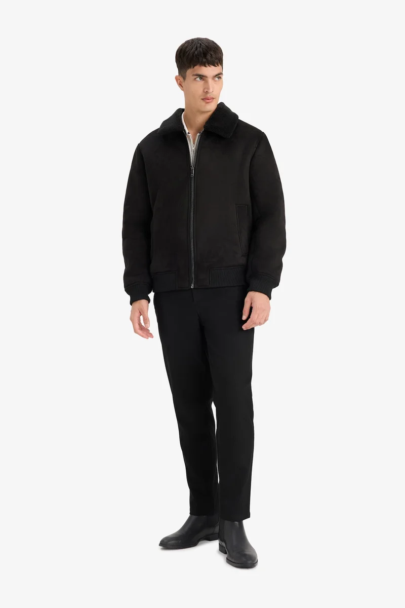 Defacto Slim Fit Shearling Polo Collar Lined Suede Jacket