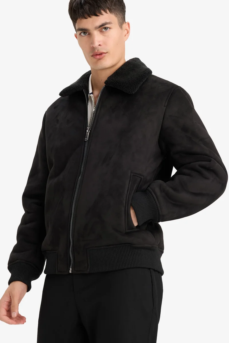 Defacto Slim Fit Shearling Polo Collar Lined Suede Jacket