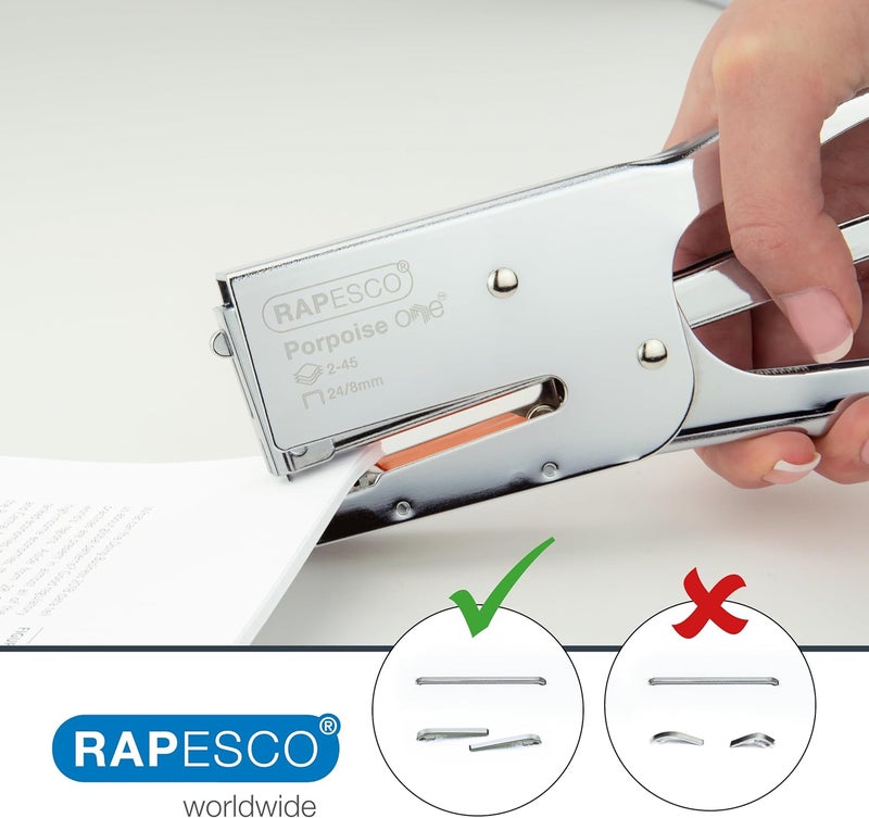 RAPESCO 1794 Porpoise ONE Bypass Stapling Plier with 1000 Staples, Type 24 High-Capacity 5/16", 45 Sheet Capacity, All Metal One Size Plier with Bypass Stapling System, Chrome - Image 2