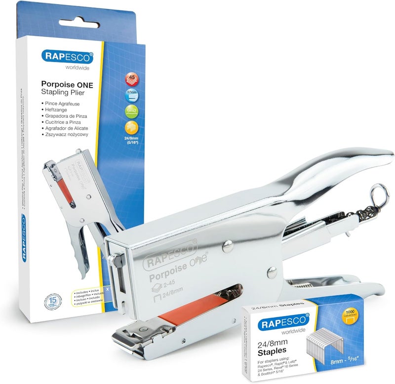 RAPESCO 1794 Porpoise ONE Bypass Stapling Plier with 1000 Staples, Type 24 High-Capacity 5/16", 45 Sheet Capacity, All Metal One Size Plier with Bypass Stapling System, Chrome - Image 1