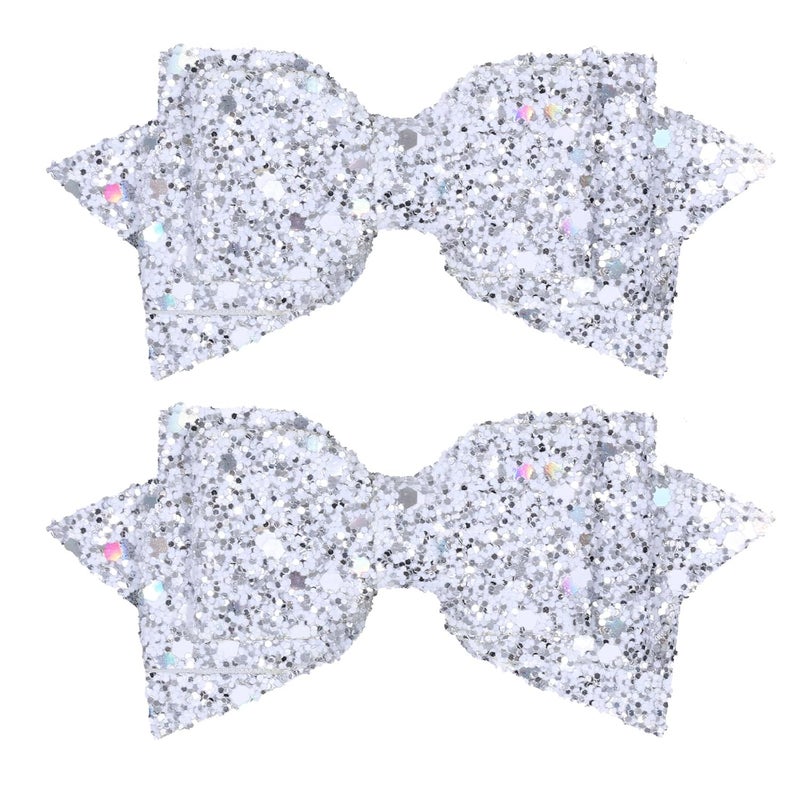 Miroksh 4 Sparkly Glitter Silver Hair Bows Clips for Toddler Teen Girls Christmas Alligator Barrettes Hairpins Kids Valentines Birthday New Year Wedding Party Dress outfit Decor Accessory