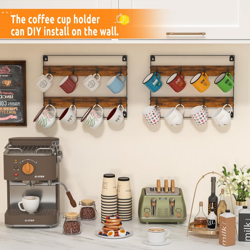 Huxitocan Wall Mount Coffee Mug Holder - Rustic Wood and Iron, Holds Up to 24 Mugs (3Pack) for Kitchen, Home, Coffee Bar - Image 3