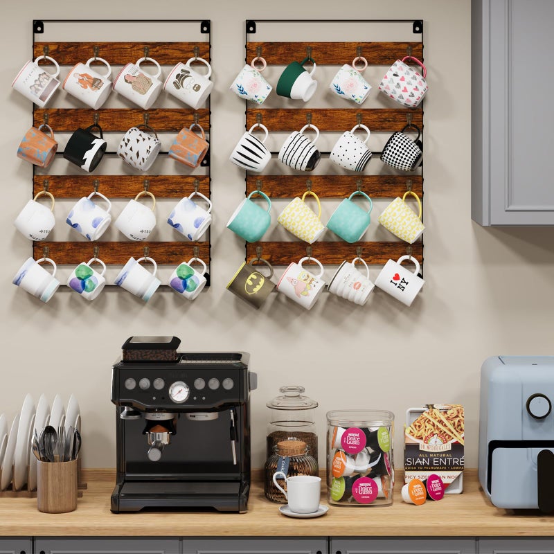 Huxitocan Wall Mount Coffee Mug Holder - Rustic Wood and Iron, Holds Up to 24 Mugs (3Pack) for Kitchen, Home, Coffee Bar - Image 4