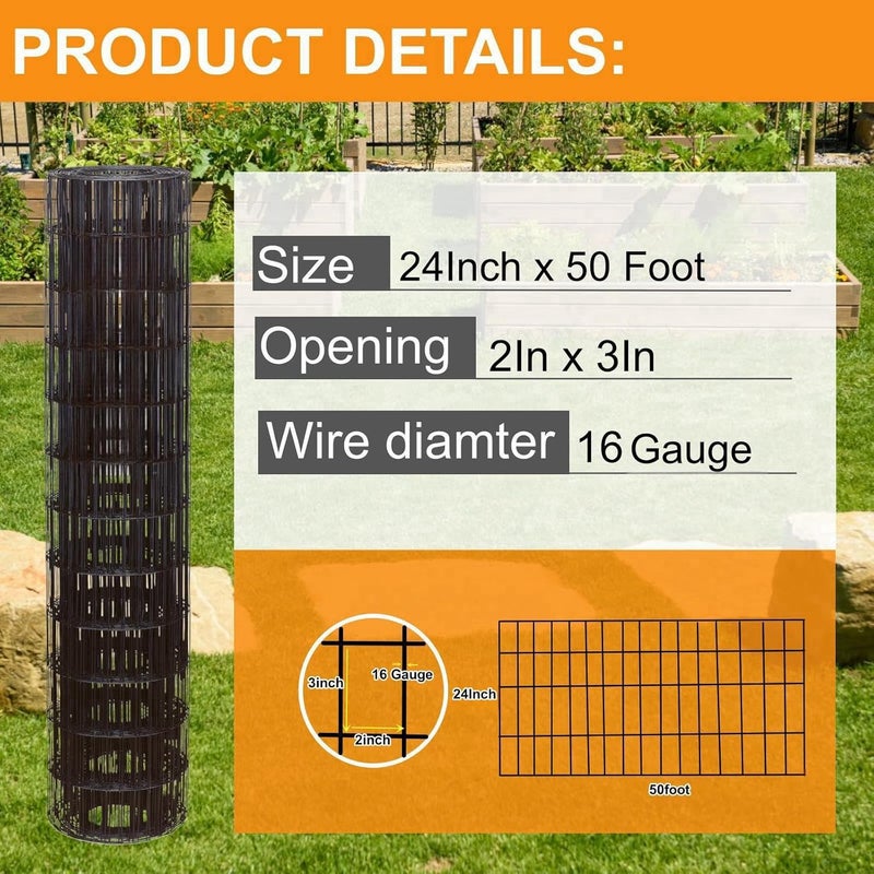سياج حديقة 24 بوصة × 50 قدم، 2 × 3 بوصة 16GA، سياج مطلي بـ PVC أسود للحديقة، لفافة سياج حدودي للحديقة، شبكة سلكية معدنية مطلية بالفينيل لحماية الخضروات والنباتات في الفناء، شبكة للدواجن - Image 2