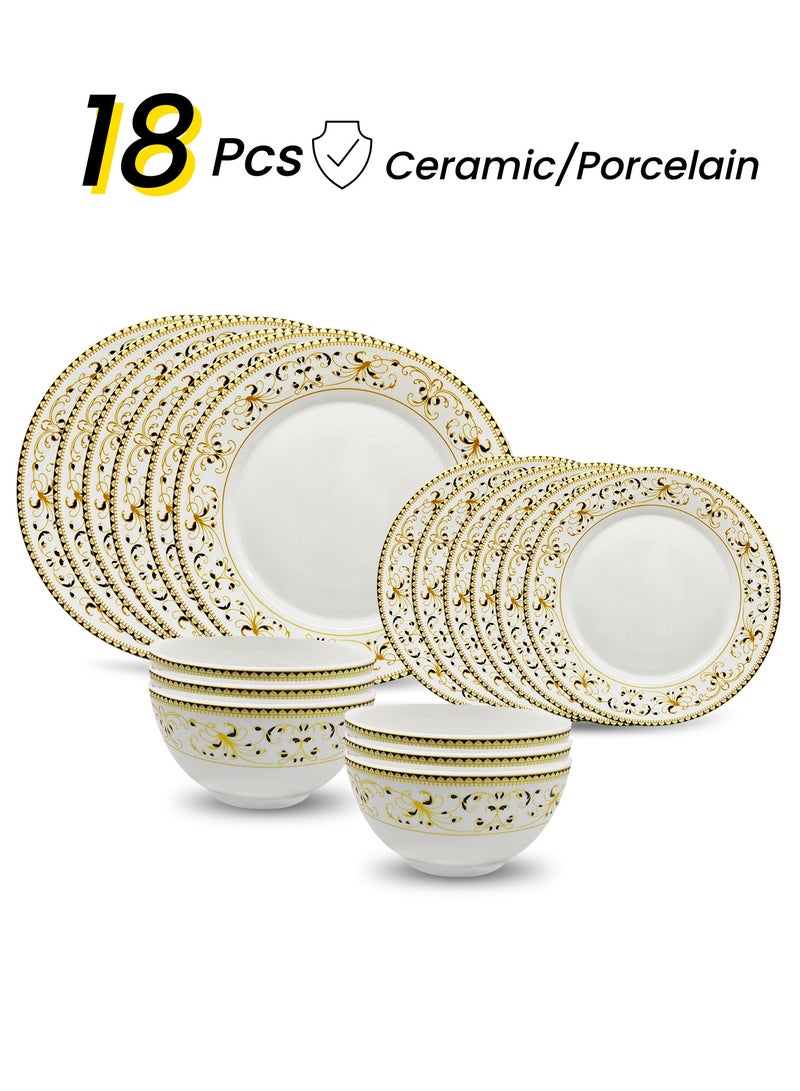 nihao طقم عشاء من 18 قطعة من البورسلين عالي الجودة - يتضمن 6 أطباق بحجم 10 بوصة، 6 أطباق بحجم 8 بوصة، 6 سلطانيات خضار بحجم 4.5 بوصة، أطقم أدوات مائدة خزفية، آمنة للاستخدام في الميكروويف والفريزر/ صديقة للبيئة وآمنة للطعام - Image 1
