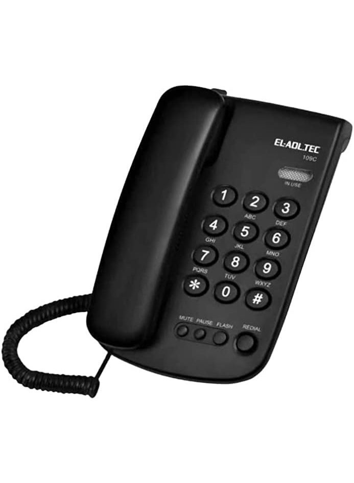 Corded landline phone with clear ringtone, redial, flash, mute, and call timer functions, keypad, wall-mountable, black - Image 1