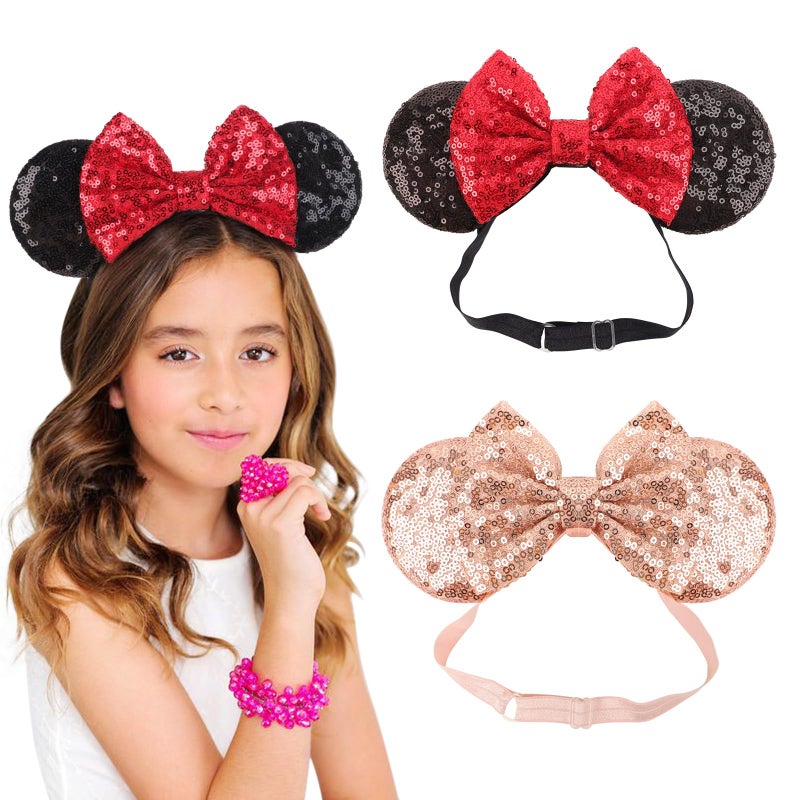 DRESHOW Minnie Ears Headbands Mouse Ears Sequin Bow Headbands Elastic Adjustable Headband Glitter Party Decoration Cosplay Costume for Women - Image 1