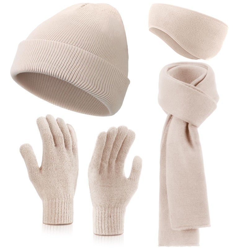 Breathffy 4 Pcs Winter Hat Scarf Gloves Headband Set Knit Beanie Touch Screen Gloves Long Scarf Valentine Gift for Women Men(Minimalist Style,Beige) - Image 1