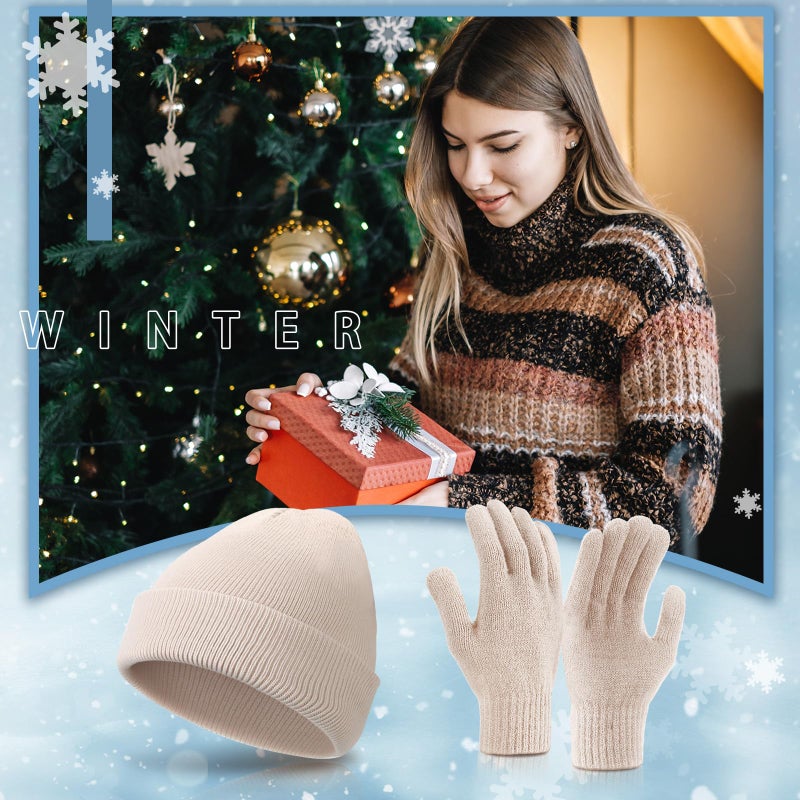 Breathffy 4 Pcs Winter Hat Scarf Gloves Headband Set Knit Beanie Touch Screen Gloves Long Scarf Valentine Gift for Women Men(Minimalist Style,Beige) - Image 5