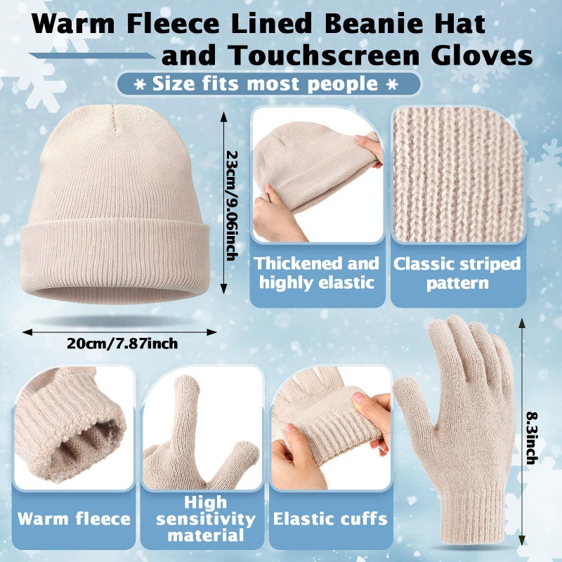 Breathffy 4 Pcs Winter Hat Scarf Gloves Headband Set Knit Beanie Touch Screen Gloves Long Scarf Valentine Gift for Women Men(Minimalist Style,Beige) - Image 2