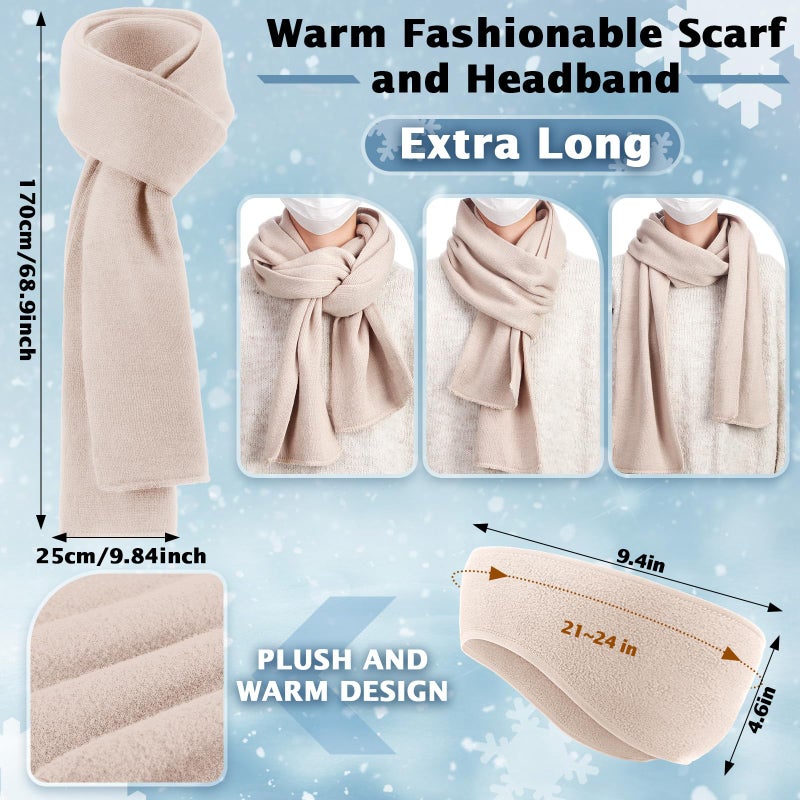 Breathffy 4 Pcs Winter Hat Scarf Gloves Headband Set Knit Beanie Touch Screen Gloves Long Scarf Valentine Gift for Women Men(Minimalist Style,Beige) - Image 3