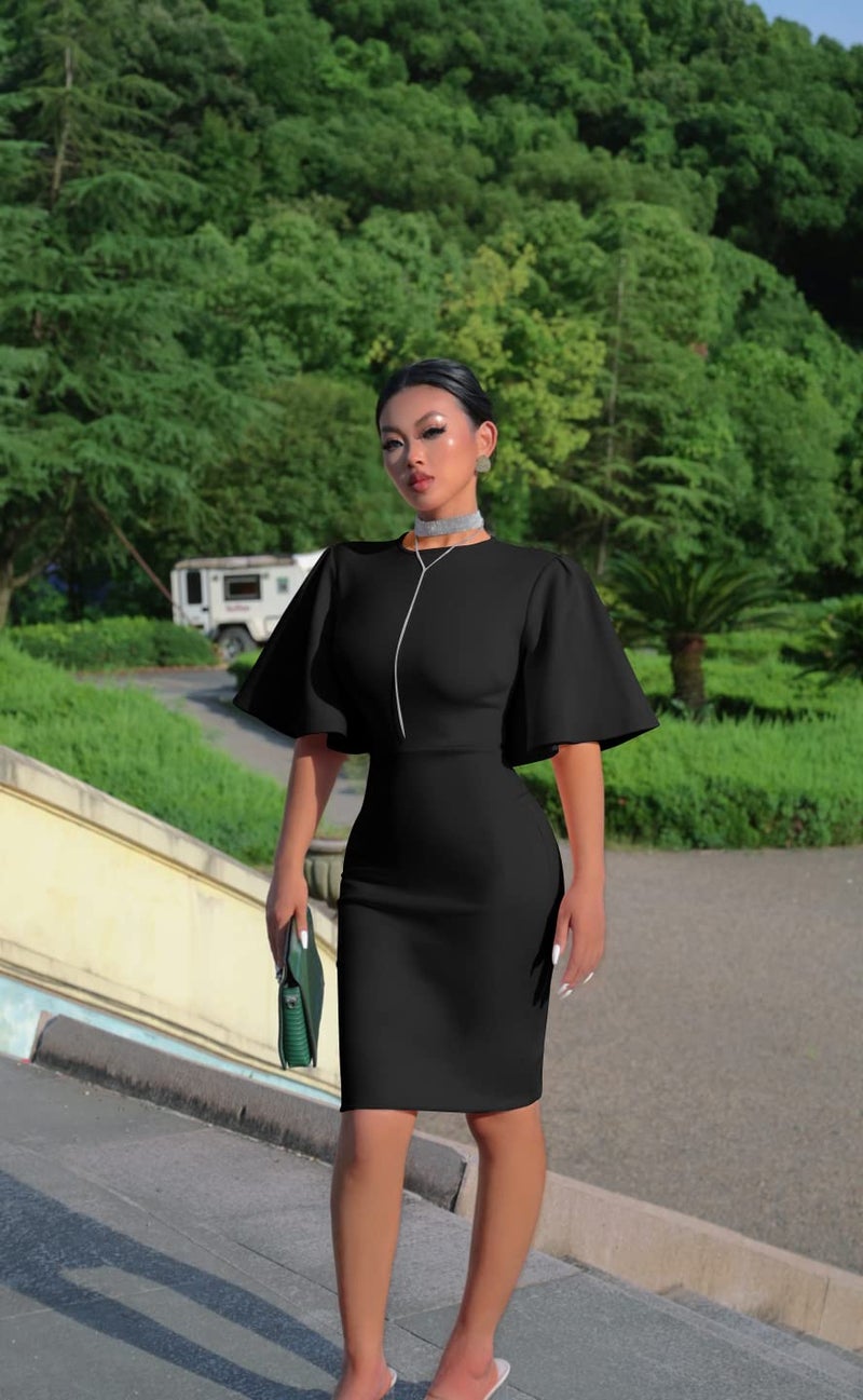 Memoriesea Women's Basic Bodycon Ruffle Flared Short Sleeve Pencil Midi Dress Black - Image 2