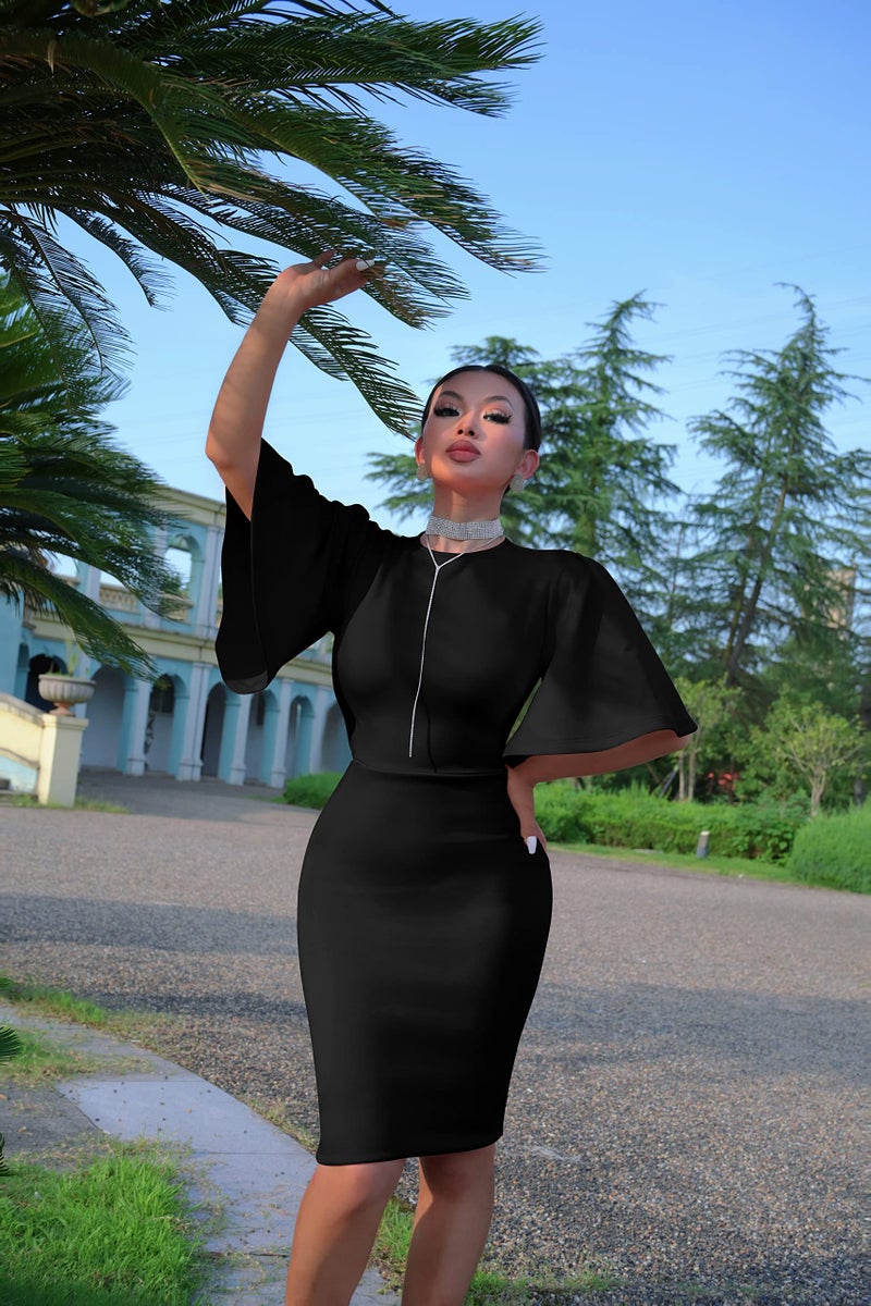 Memoriesea Women's Basic Bodycon Ruffle Flared Short Sleeve Pencil Midi Dress Black - Image 3