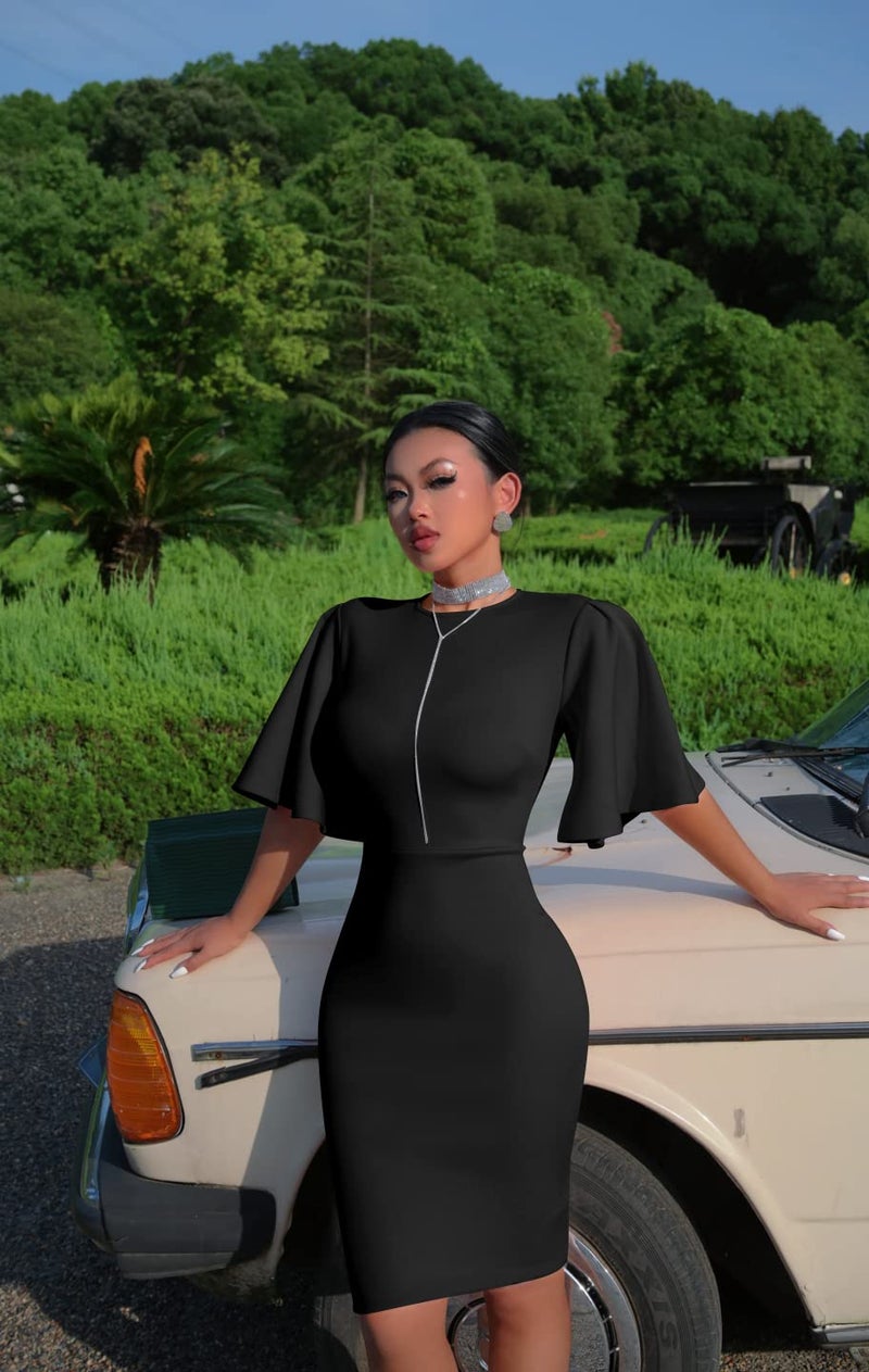 Memoriesea Women's Basic Bodycon Ruffle Flared Short Sleeve Pencil Midi Dress Black - Image 5