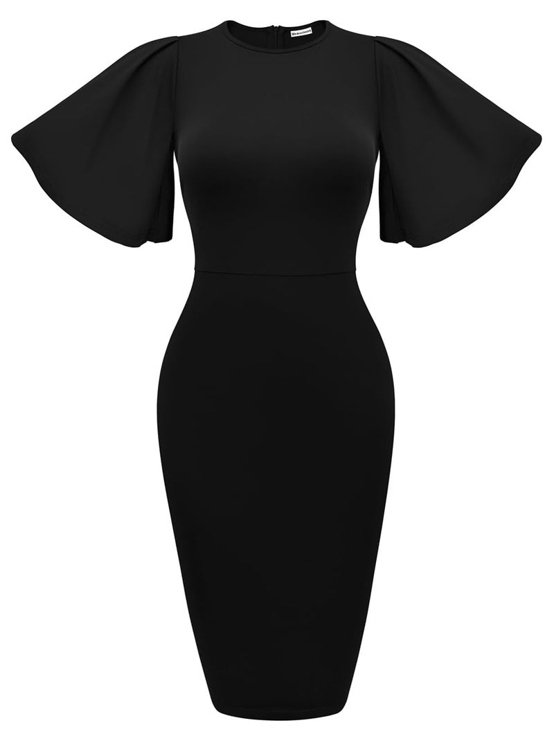 Memoriesea Women's Basic Bodycon Ruffle Flared Short Sleeve Pencil Midi Dress Black - Image 1