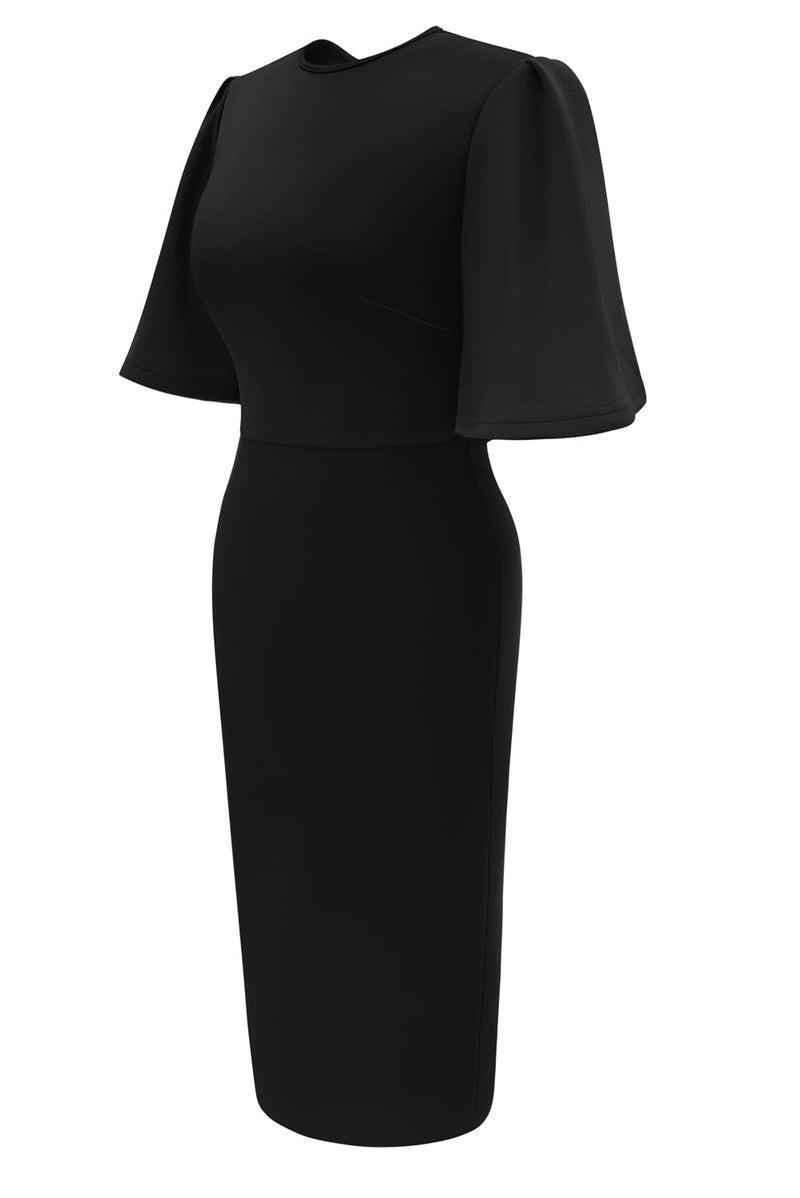 Memoriesea Women's Basic Bodycon Ruffle Flared Short Sleeve Pencil Midi Dress Black - Image 4