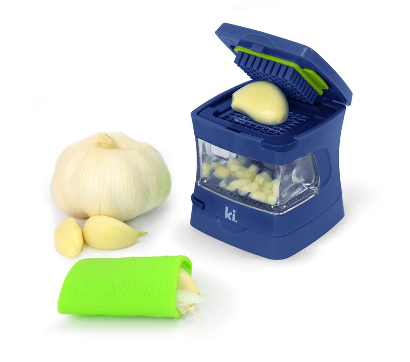 Kitchen Innovations GarlicAPeel Garlic Press Crusher Cutter Mincer and Storage Container  Includes Silicone Garlic Peeler  Easy to Clean  Stainless Steel Blades  Blue standard