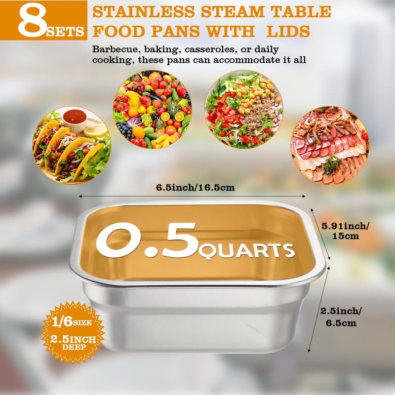 Stainless Steel Food Pans 1/6 Size 6.5 X 5.91 X 2.5 Inches Leakproof Translucent Lids - Anti-Clogging Steam Table Pans Induction & Oven Safe for Buffet Catering Restaurant Food Prep - Image 3