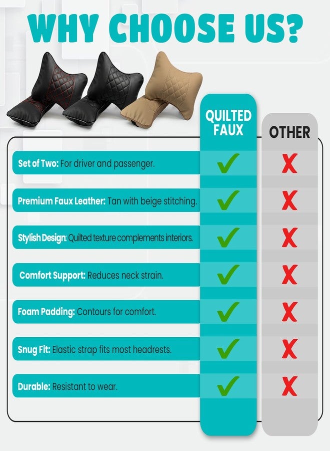 Synterior Set of 2 Quilted Faux Leather Car Headrest Pillow, Black Case/Black Threading, Ergonomic Neck Support for Comfortable Driving - Image 5