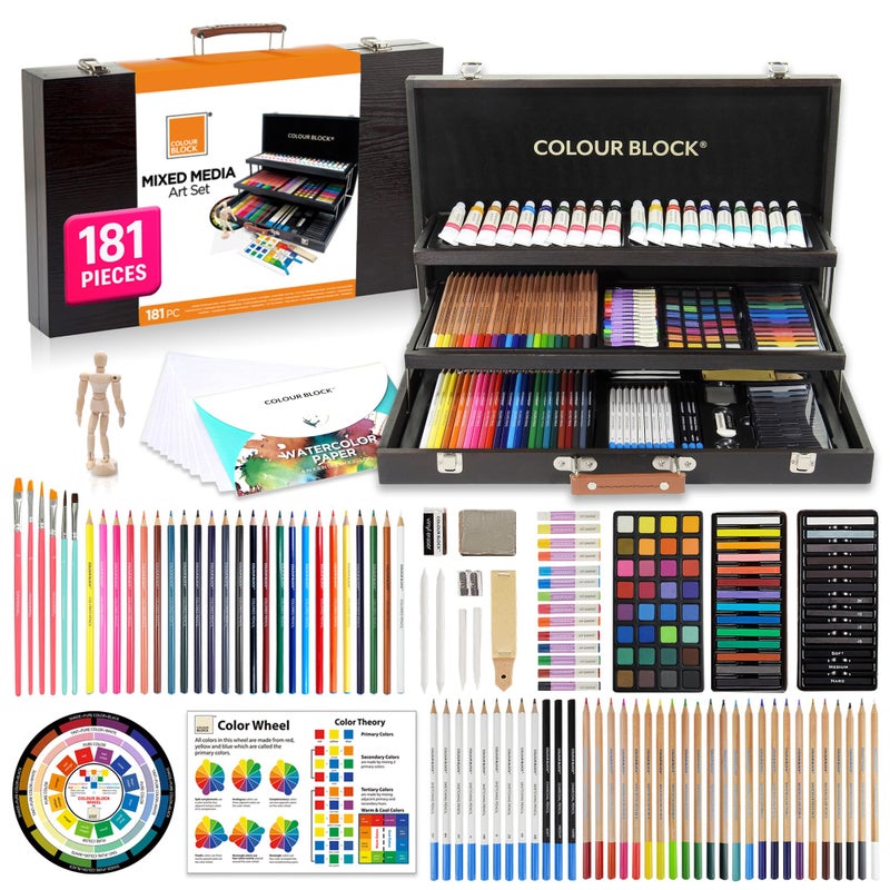COLOUR BLOCK 181 pc Mixed Media Art Set in Exquisite Wooden Case Acrylic Water color Paints Sketching Colored Pencils Soft Oil Pastels