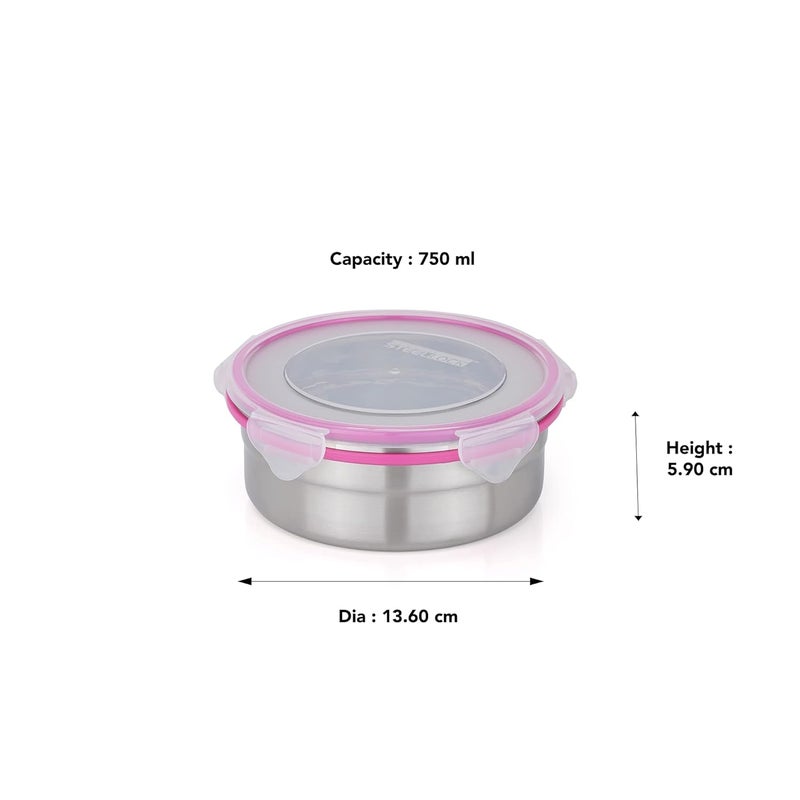 STEELLOCK SS ContainerDabba with 4 Side Clip Lock see through Lid for Office School UseFood GradeAir TightEasy to CarryLeak Proof SL14012pcs X 750 ml Pink - Image 3