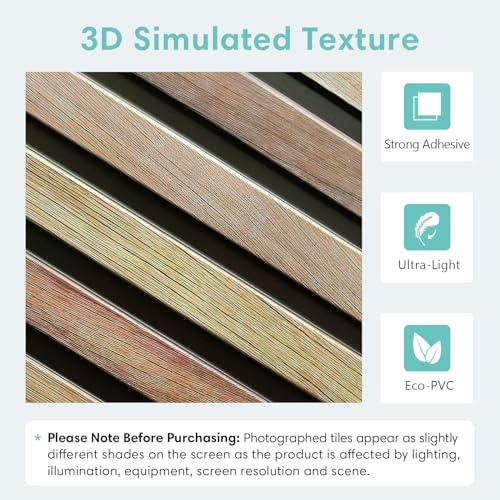 Commomy 10 Pcs 3D Faux Wood Slat Wallpaper Peel and Stick - 11.8"x11.8" Peel and Stick Wood Tiles Ultralight PVC Wall Paneling for Bedroom, Bathroom, Kitchen Backsplash, Farmhouse Interior Decor - Image 3