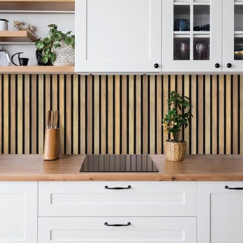 Commomy 10 Pcs 3D Faux Wood Slat Wallpaper Peel and Stick - 11.8"x11.8" Peel and Stick Wood Tiles Ultralight PVC Wall Paneling for Bedroom, Bathroom, Kitchen Backsplash, Farmhouse Interior Decor - Image 2