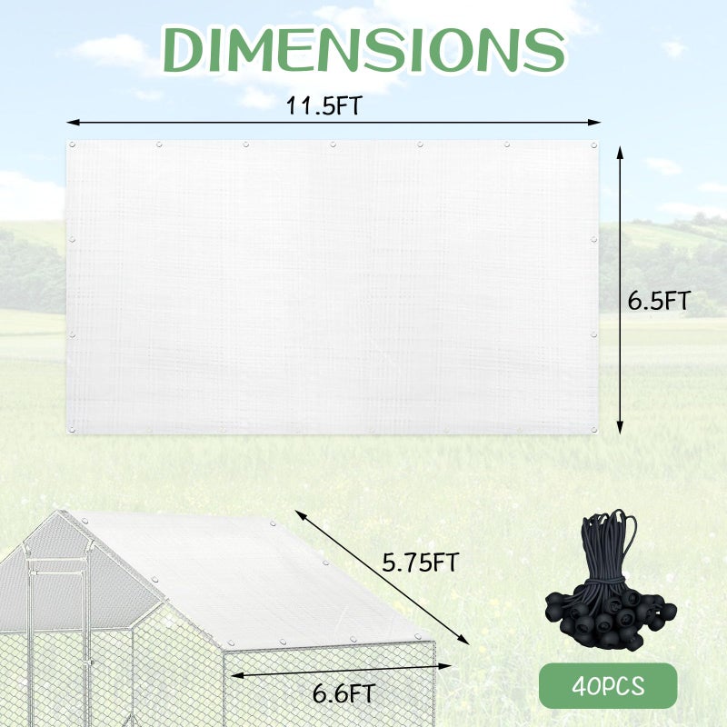 Hlimior 2 PCS Outdoor Chicken Coop Cover with 40 Piece Ball Bungee Cord ï¼ŒWaterproof and Sunproof Enclosure Chicken Coop Tarp for Outdoor Large Walk-in Pens (only Cover,White, 11.5 x 6.5 ft) - Image 2