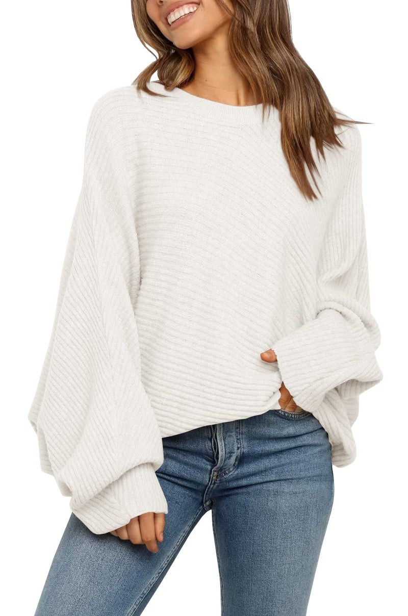 Mafulus Women's Oversized Crewneck Sweater Batwing Puff Long Sleeve Cable Slouchy Pullover Jumper Tops - Image 4