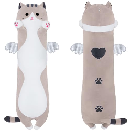 SNOWOLF Cute Long Cat Plush Body Pillow Kawaii Cat Plushie Toys Cuddle Cartoon Stuffed Animals Soft Kitten Throw Pillow Doll Gift for Kids Girls Boys 355 Grey - Image 1