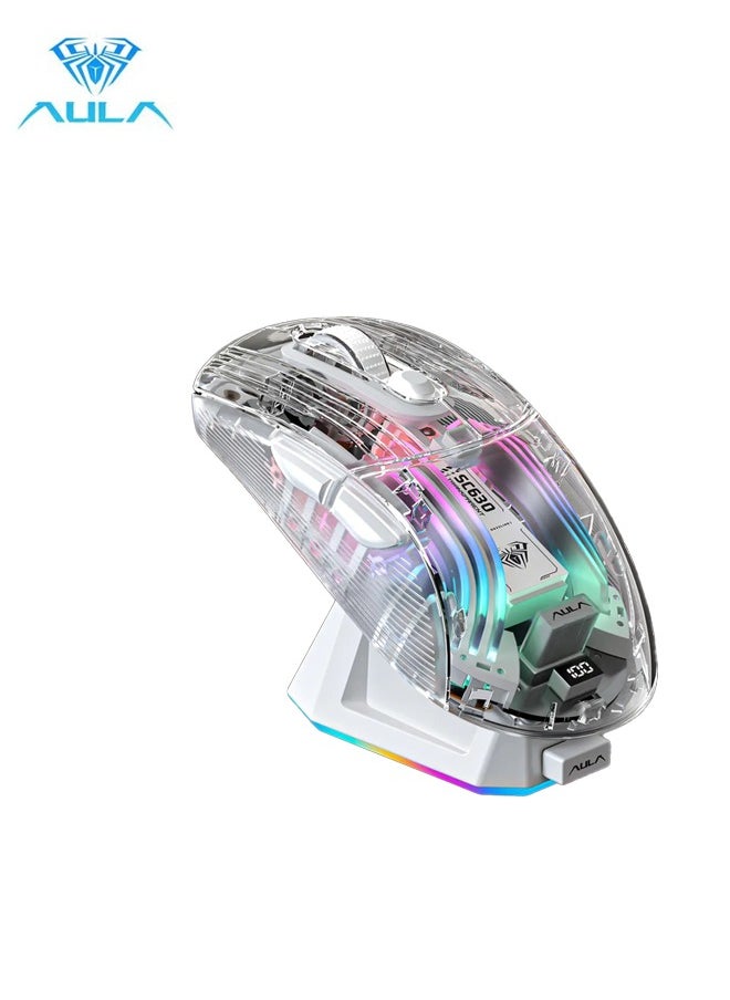 AULA SC630 Wireless Gaming Mouse Triple Mode Bluetooth RGB with Charging Dock Magnetic Charging PC Gaming Mouse 2.4G/Bluetooth/Wired Office Universal Silent Continuity Long Lasting Transparent Shell For Win/MAC White  - Image 1