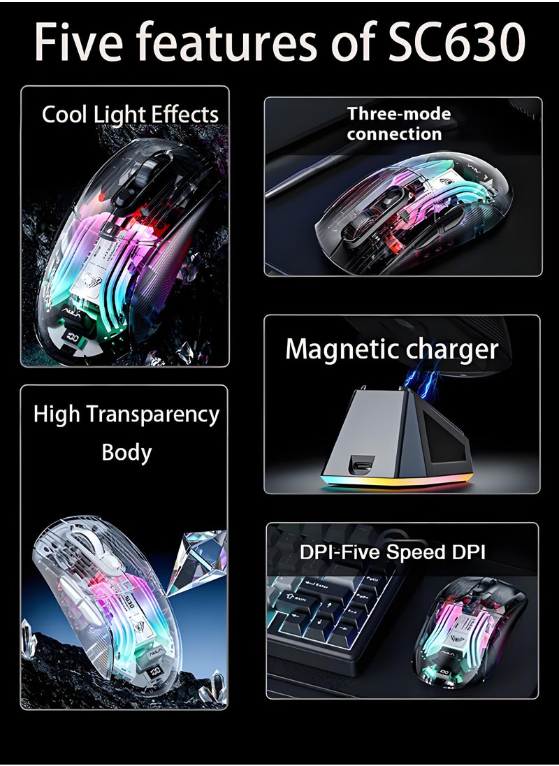 AULA SC630 Wireless Gaming Mouse Triple Mode Bluetooth RGB with Charging Dock Magnetic Charging PC Gaming Mouse 2.4G/Bluetooth/Wired Office Universal Silent Continuity Long Lasting Transparent Shell For Win/MAC White  - Image 2