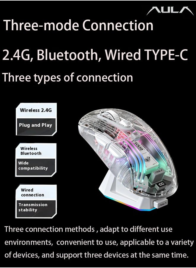 AULA SC630 Wireless Gaming Mouse Triple Mode Bluetooth RGB with Charging Dock Magnetic Charging PC Gaming Mouse 2.4G/Bluetooth/Wired Office Universal Silent Continuity Long Lasting Transparent Shell For Win/MAC White  - Image 3