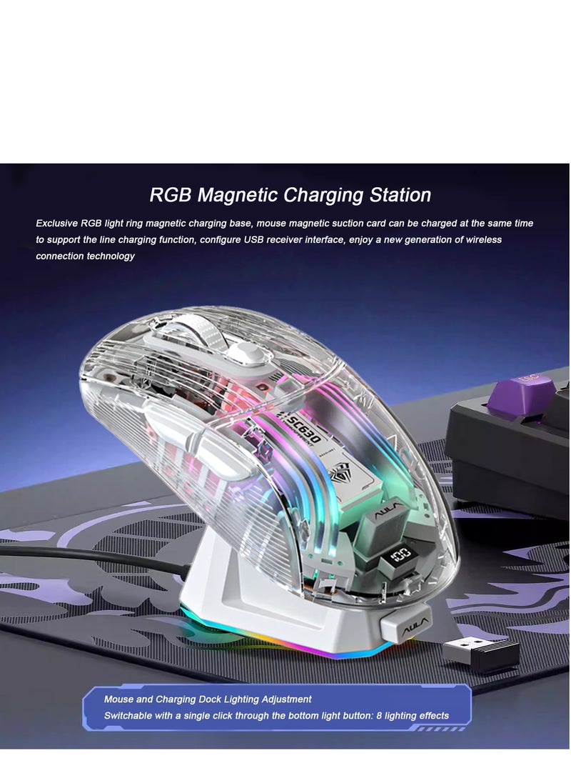 AULA SC630 Wireless Gaming Mouse Triple Mode Bluetooth RGB with Charging Dock Magnetic Charging PC Gaming Mouse 2.4G/Bluetooth/Wired Office Universal Silent Continuity Long Lasting Transparent Shell For Win/MAC White  - Image 5