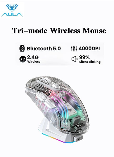 SC630 Wireless Gaming Mouse Triple Mode Bluetooth RGB with Charging Dock Magnetic Charging PC Gaming Mouse 2.4G/Bluetooth/Wired Office Universal Silent Continuity Long Lasting Transparent Shell For Win/MAC White