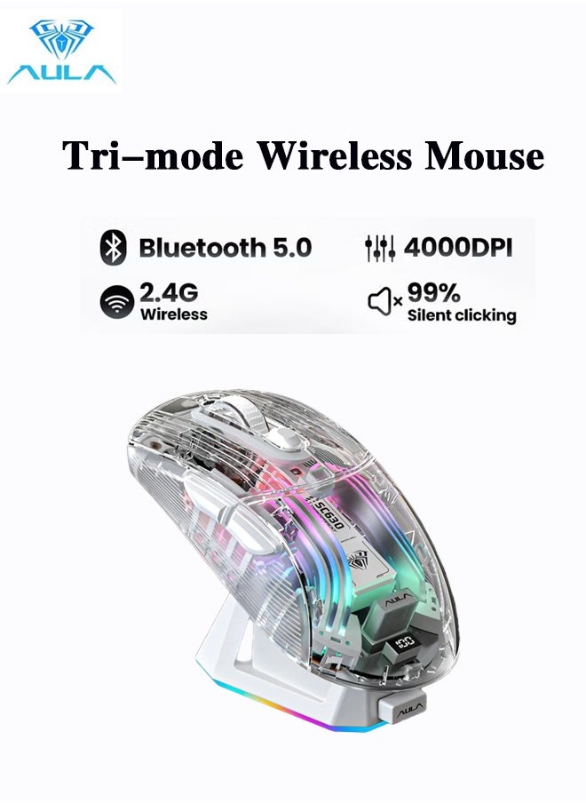 AULA - SC630 Wireless Gaming Mouse Triple Mode Bluetooth RGB with Charging Dock Magnetic Charging PC Gaming Mouse 2.4G/Bluetooth/Wired Office Universal Silent Continuity Long Lasting Transparent Shell For Win/MAC White - Image 1