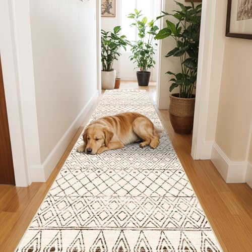BYYVOO 2'x6' Hallway Runner Rug Washable - Non Slip Moroccan Runners Low Pile Floor Carpet with Rubber Backing Farmhouse Kitchen Mat Indoor Rugs for Front Door Living Room 2'x6' Geo Beige - Image 2