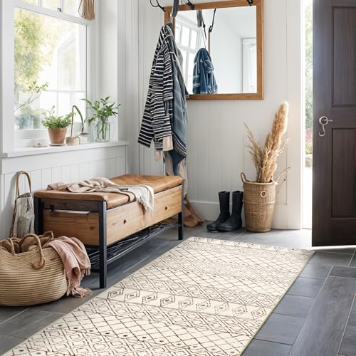 BYYVOO 2'x6' Hallway Runner Rug Washable - Non Slip Moroccan Runners Low Pile Floor Carpet with Rubber Backing Farmhouse Kitchen Mat Indoor Rugs for Front Door Living Room 2'x6' Geo Beige - Image 1