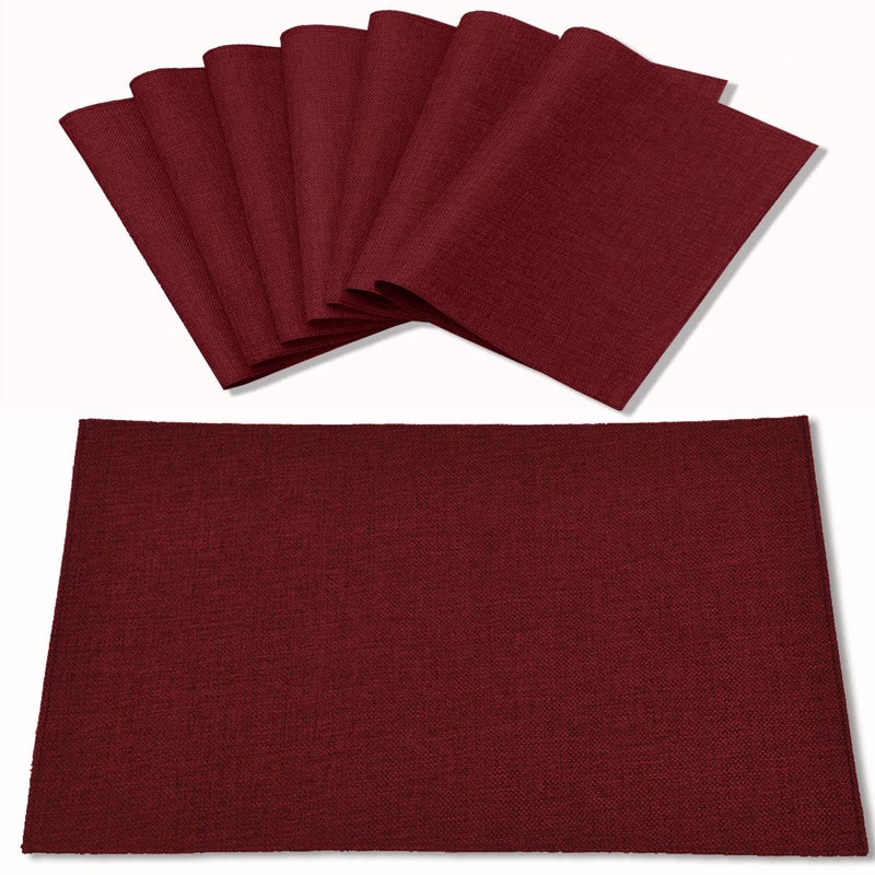Rinpon Linen Placemats Set of 8 Machine Washable Heat Resistant Wrinkle Free Thick Polyester Kitchen Place Mats for Dining Table Burgundy