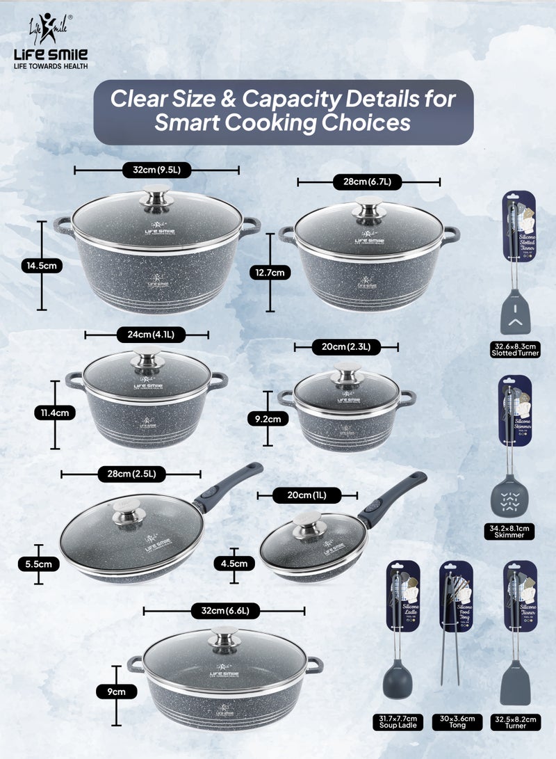 Life Smile Nonstick Cookware Set 19 Pcs Cookwares –Energy Saver Pots and Pans Set – Granite Coating Cooking Pots Set Includes 32 cm x 9.5 L Casserole with Lid, 28 cm x 6.7 L Casserole with Lid, 24 cm x 4.1 L Casserole with Lid, 20 cm x 2.3 L Casserole with Lid, 28 cm x 2.5 L Fry Pan, 20 cm x 1 L Fry Pan, 32 cm x 6.6 L Shallow Pot with Lid & Silicone Utensils - Image 3